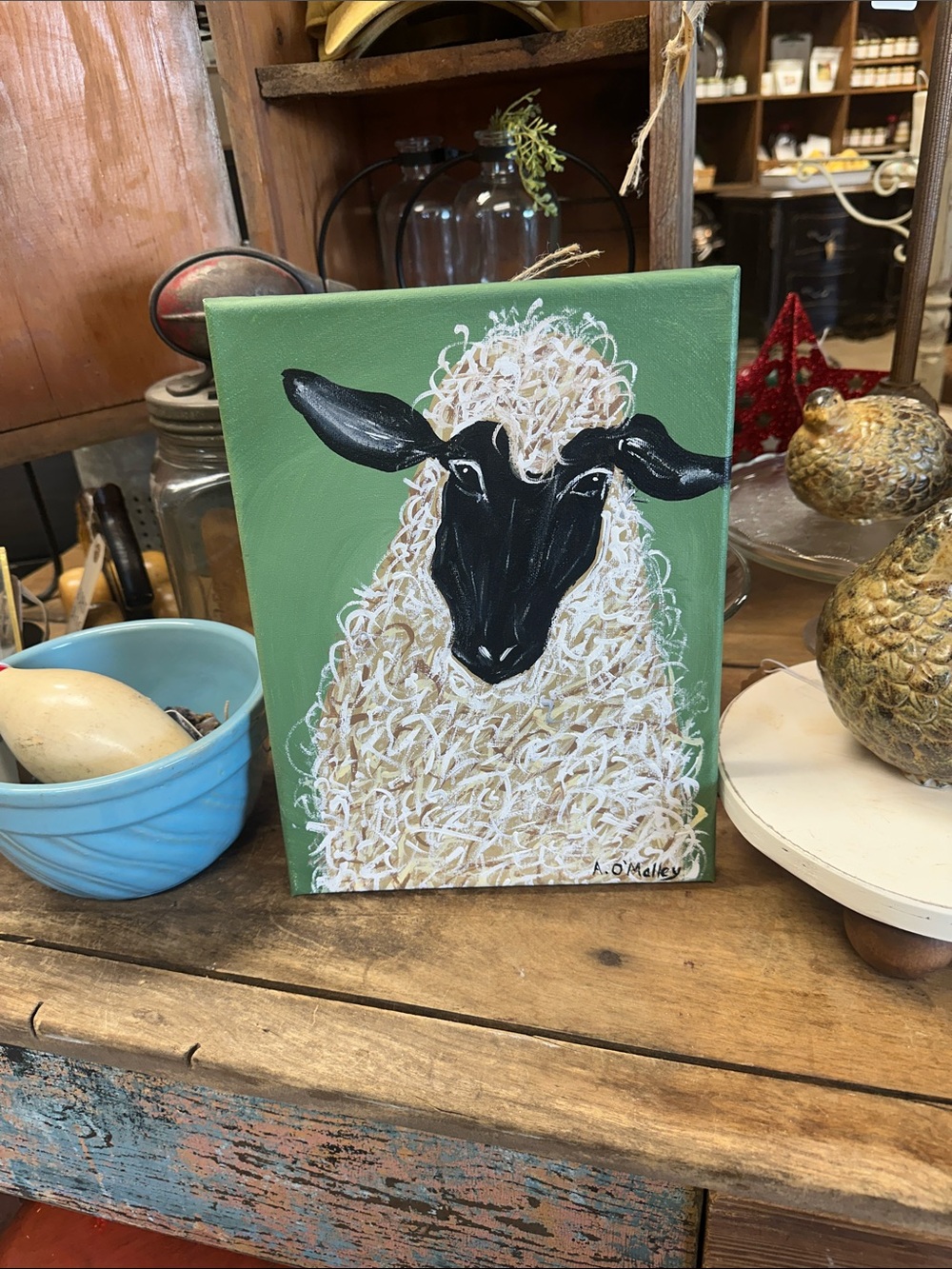Sheep Portrait Canvas Painting — Green Background